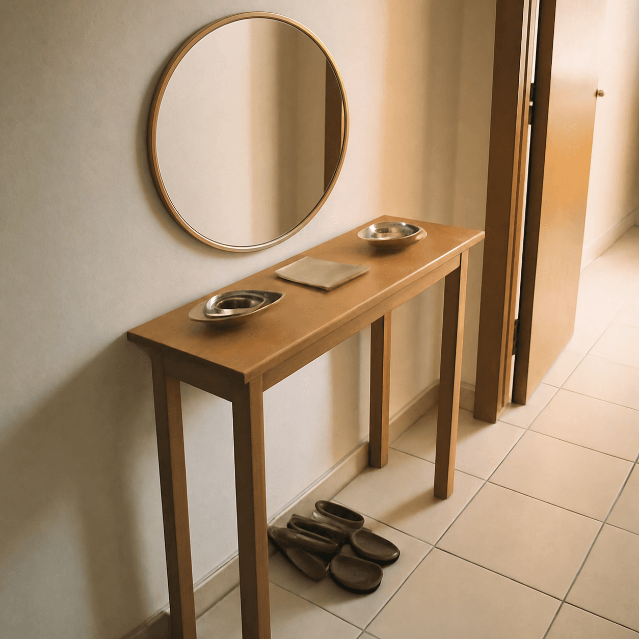 Round mirror in an entryway